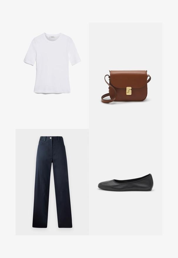 T-shirt blanc à manches courtes en tissu côtelé. Col rond, coupe régulière et détails de couture subtils. Aucune motif ni graphique.; Pantalon bleu marine foncé avec une coupe droite, fabriqué en tissu lisse. Comprend des poches avant, une fermeture à bouton et des détails de couture subtils.; Ballerines en cuir noir avec un bout rond, texture lisse, détails de couture minimalistes et design de semelle flexible.; Sac à main en cuir marron avec une fermeture à rabat, des accents en métal doré, une bandoulière et une texture lisse. Forme rectangulaire compacte.