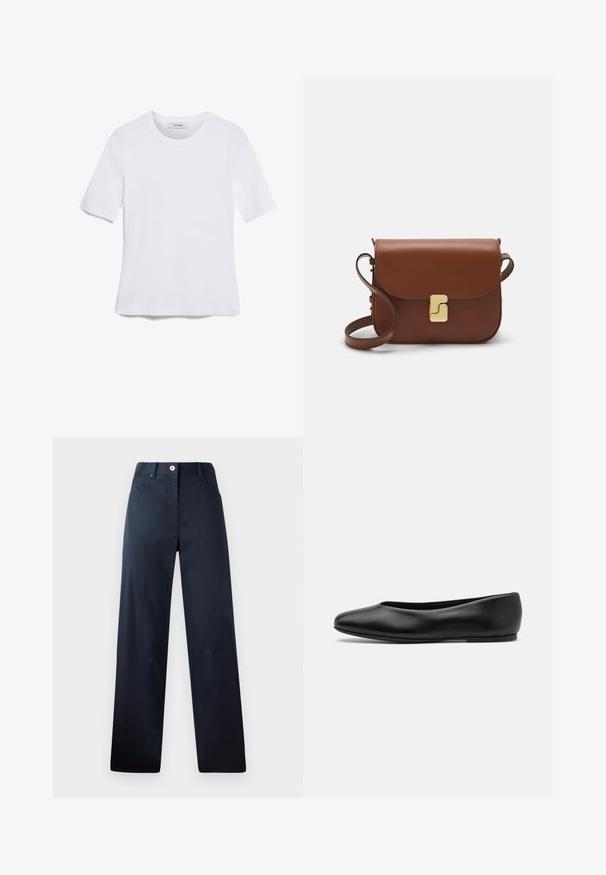 White short-sleeve t-shirt made of ribbed fabric. Round neckline, regular fit, and subtle stitching details. No patterns or graphics.; Dark navy trousers with a straight-leg design, made from smooth fabric. Features front pockets, a button closure, and subtle stitching details.; Paul Smith TOPANGA - Ballet pumps - black; Brown leather handbag with a flap closure, gold-tone hardware, a shoulder strap, and a smooth texture. Compact rectangular shape.