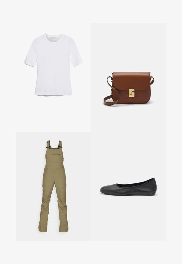 Tricou alb cu mânecă scurtă, confectionat dintr-un material texturat. Gât rotund, tăietură regulară și detalii subtile de cusătură. Fără modele sau grafice.; Salopetă de culoare verde măsliniu, realizată dintr-un material durabil, având bretele ajustabile, un buzunar frontal cu fermoar și două buzunare laterale. Design modern și funcțional.; Balerini din piele neagră, cu vârf rotund, textură netedă, detalii de cusătură minimale și un design al tălpii flexibil.; Geantă de piele maro cu închidere tip capac, accesorii de culoare aurie, curea de umăr și o textură netedă. Formă compactă și rectangulară.