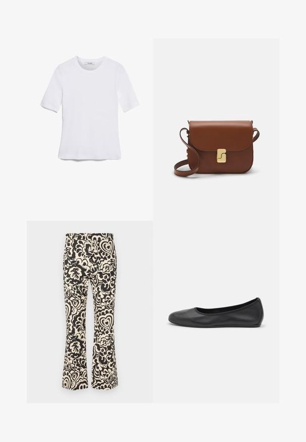 Valge lühikeste varrukatega T-särk ribatud kangast. Ümara kaelusega, tavalisest sobivusest ja peente õmbluse detailidega. Ilma mustrite või graafikateta.; Laienevad püksid, mis on valmistatud kergest kangast, mustvalge lillemustriga, millel on südamed ja lehed, ning sile tekstuur.; Musthave mustika tantsutossud mustast nahast, ümmarguse varbaga, siledast tekstuurist, minimaalse õmblusdetailiga ja paindliku tallakujundusega.; Pruunist nahast käekott, millel on klapiga sulgur, kuldne riistvara, õlarihm ja sile tekstuur. Kompaktne ristkülikukujuline vorm.