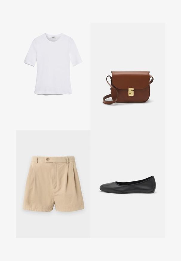 Balta trumpa rankovėmis marškinėliai, pagaminti iš pasiruošusio audinio. Apvali iškirptė, reguliari tinkamumas ir subtilūs siuvimo detalės. Be raštų ar grafikos.; Filippa K HIGH WAIST PLEATED - Šortai - beige; Juodai odiniai baletai su apvaliu pirštu, lygi texture, minimalus siuvimo detales ir lanksčiu padų dizainu.; Ruda odinė rankinė su uždaromu dangteliu, aukso spalvos detalėmis, petneša ir lygiu paviršiumi. Kompaktiška stačiakampio formos.