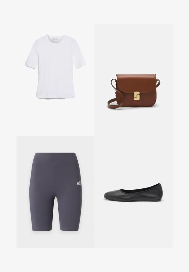 Balta īsām piedurknēm T-krekls, izgatavots no ribota auduma. Apaļš izgriezums, regulāra piegriezuma un diskrēti šuvumu detaļas. Bez printiem vai grafikām.; Tumšgriēnas bermaudas ar gludu, elastīgu audumu. Uz sāniem ir balts logo, un tās ir pieguļošas, sasniedzot vidus augšstilbu.; Melna ādas baleta kurpe ar noapaļotu purngalu, gludu tekstūru, minimālu šuvju detalizāciju un elastīgu zoles dizainu.; Bordo ādas rokas soma ar atloku, zeltītām detaļām, plecu siksnu un gludu virsmu. Kompakta, taisnstūrveida forma.