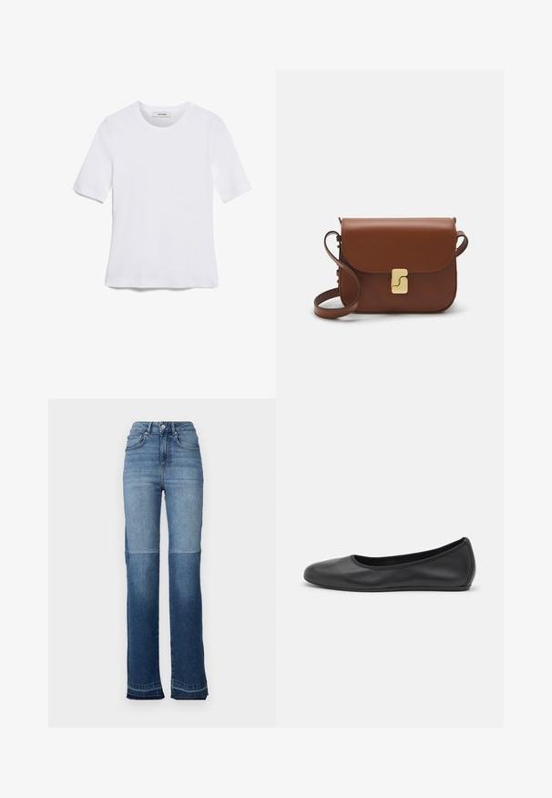 Balta trumpa rankovėmis marškinėliai, pagaminti iš pasiruošusio audinio. Apvali iškirptė, reguliari tinkamumas ir subtilūs siuvimo detalės. Be raštų ar grafikos.; Aukštos juosmens džinsai, turintys šviesiai mėlynos ir tamsiai mėlynos gradientą, tiesią kojos dizainą ir suplėšytus kraštus.; Juodai odiniai baletai su apvaliu pirštu, lygi texture, minimalus siuvimo detales ir lanksčiu padų dizainu.; Ruda odinė rankinė su uždaromu dangteliu, aukso spalvos detalėmis, petneša ir lygiu paviršiumi. Kompaktiška stačiakampio formos.