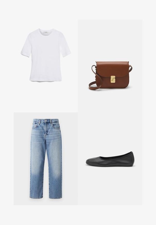 Balta trumpa rankovėmis marškinėliai, pagaminti iš pasiruošusio audinio. Apvali iškirptė, reguliari tinkamumas ir subtilūs siuvimo detalės. Be raštų ar grafikos.; Šviesiai mėlyni džinsai su aukštu liemeniu, plačiomis kojomis, matomu siuvimu ir penkiais kišeniais, turintys klasikinį užsegimą su mygtuku ir užtrauktuku.; Juodai odiniai baletai su apvaliu pirštu, lygi texture, minimalus siuvimo detales ir lanksčiu padų dizainu.; Ruda odinė rankinė su uždaromu dangteliu, aukso spalvos detalėmis, petneša ir lygiu paviršiumi. Kompaktiška stačiakampio formos.