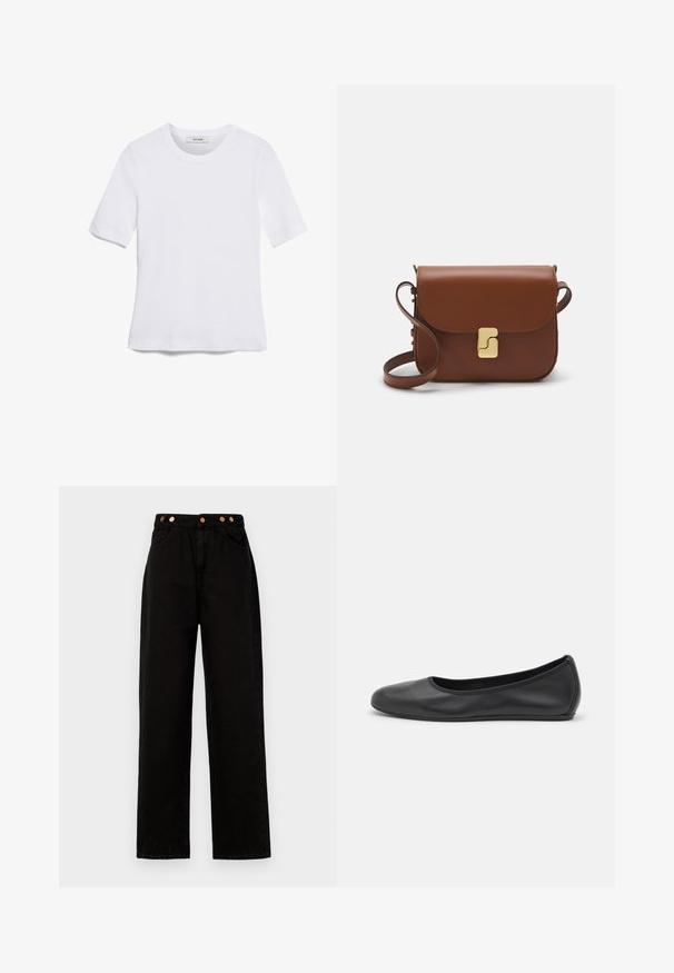 Tricou alb cu mânecă scurtă, confectionat dintr-un material texturat. Gât rotund, tăietură regulară și detalii subtile de cusătură. Fără modele sau grafice.; Pantaloni din denim negru cu croială largă și accente cu nasturi cupru, având două buzunare frontale și un design cu talie înaltă. Textură netedă și croială dreaptă.; Balerini din piele neagră, cu vârf rotund, textură netedă, detalii de cusătură minimale și un design al tălpii flexibil.; Geantă de piele maro cu închidere tip capac, accesorii de culoare aurie, curea de umăr și o textură netedă. Formă compactă și rectangulară.