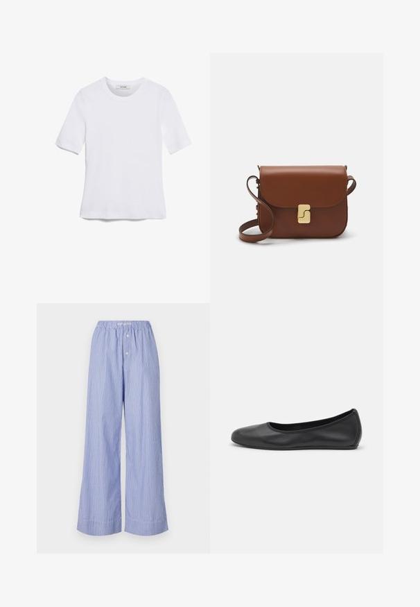 Bijela majica s kratkim rukavima izrađena od rebraste tkanine. Okrugli izrez, klasičan kroj i suptilni detalji šivanja. Bez uzoraka ili grafika.; Svijetloplave i bijele prugaste široke hlače s elastičnom struknicom, koje imaju dva gumba kao ukras sprijeda i mekani tekstilni materijal.; Crne kožne baletanke s zaobljenim vrhom, glatke teksture, minimalnim detaljima šavova i fleksibilnim dizajnom potplata.; Smeđa kožna torba s preklopom, zlatnim detaljima, remenom za nošenje preko ramena i glatkom teksturom. Kompaktni pravokutni oblik.