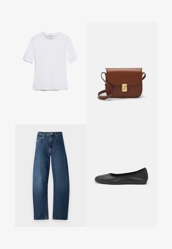 Weißes kurzärmliges T-Shirt aus geripptem Stoff. Runder Halsausschnitt, normale Passform und dezente Nähte. Keine Muster oder Grafiken.; Blaue Jeans aus Denim mit hoher Taille, geradem Beinverlauf, sichtbaren Nähten, fünf Taschen und einem Knopfverschluss. Klassischer dunkler Waschlook.; Schwarze Leder-Ballettschuhe mit abgerundeter Spitze, glatter Textur, minimalen Nähdetails und einem flexiblen Sohlen-Design.; Braune Ledertasche mit Klappenverschluss, Beschlägen in Goldfarbe, einem Schultergurt und einer glatten Oberfläche. Kompakte rechteckige Form.