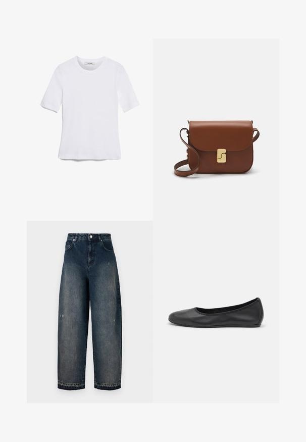 Weißes kurzärmliges T-Shirt aus geripptem Stoff. Runder Halsausschnitt, normale Passform und dezente Nähte. Keine Muster oder Grafiken.; Dunkelblaue Jeans mit weitem Bein und hoher Taille, fünf Taschen, sichtbaren Nähten und leichtem Used-Look vorne. Klassischer Knopf- und Reißverschluss.; Schwarze Leder-Ballettschuhe mit abgerundeter Spitze, glatter Textur, minimalen Nähdetails und einem flexiblen Sohlen-Design.; Braune Ledertasche mit Klappenverschluss, Beschlägen in Goldfarbe, einem Schultergurt und einer glatten Oberfläche. Kompakte rechteckige Form.