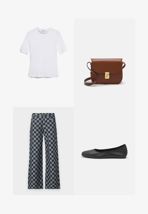 T-shirt blanc à manches courtes en tissu côtelé. Col rond, coupe régulière et détails de couture subtils. Aucune motif ni graphique.; Pantalons à jambes larges dans un motif à carreaux bleu marine et gris, dotés d'une fermeture à bouton, de poches avant et d'une texture douce.; Ballerines en cuir noir avec un bout rond, texture lisse, détails de couture minimalistes et design de semelle flexible.; Sac à main en cuir marron avec une fermeture à rabat, des accents en métal doré, une bandoulière et une texture lisse. Forme rectangulaire compacte.