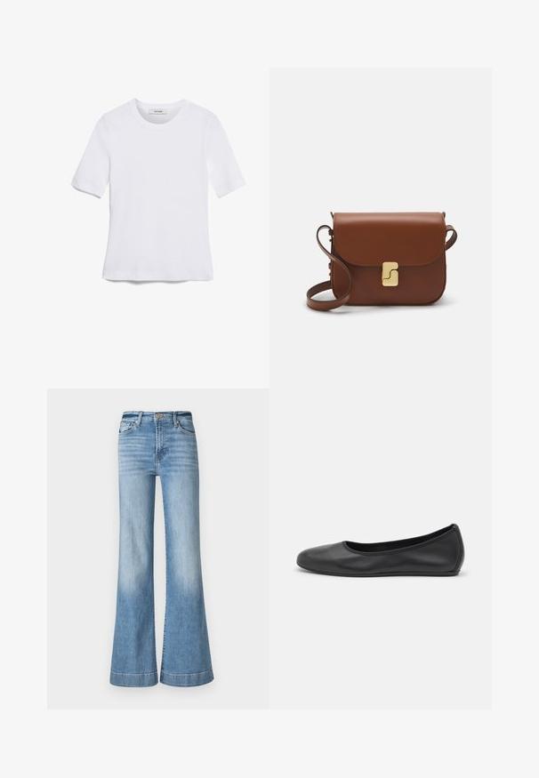 White short-sleeve t-shirt made of ribbed fabric. Round neckline, regular fit, and subtle stitching details. No patterns or graphics.; Light blue denim flared jeans with a high waist, featuring a button closure, five pockets, and contrasting stitching on the hem.; Black leather ballet flat with a rounded toe, smooth texture, minimal stitching detail, and a flexible sole design.; Brown leather handbag with a flap closure, gold-tone hardware, a shoulder strap, and a smooth texture. Compact rectangular shape.