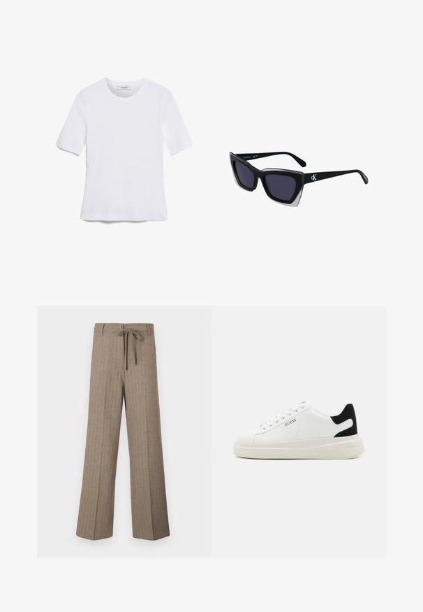 Bijela majica s kratkim rukavima izrađena od rebraste tkanine. Okrugli izrez, klasičan kroj i suptilni detalji šivanja. Bez uzoraka ili grafika.; Smeđe hlače s prugicama, širokog kroja, sa vezicom u struku, širokim nogavicama i mekim teksturom, izrađene od tkanine.; Bijele kožne tenisice s debelim bijelim potplatom, crnim zamšastim akcentom na peti i ugraviranim logom sa strane. Dizajn s vezicama i šest rupa za vezivanje.; Crne oversize sunčane naočale geometrijskog oblika, s tamnim staklima i kontrastnom sivom dekoracijom na okviru. Logo na dršci.