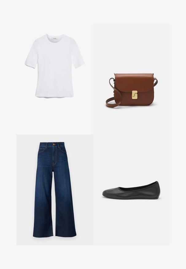 Bijela majica s kratkim rukavima izrađena od rebraste tkanine. Okrugli izrez, klasičan kroj i suptilni detalji šivanja. Bez uzoraka ili grafika.; Široke plave traperice s visokim strukom, s narančastim šavovima, pet džepova i kopčanjem na gumbu na pojasu.; Crne kožne baletanke s zaobljenim vrhom, glatke teksture, minimalnim detaljima šavova i fleksibilnim dizajnom potplata.; Smeđa kožna torba s preklopom, zlatnim detaljima, remenom za nošenje preko ramena i glatkom teksturom. Kompaktni pravokutni oblik.