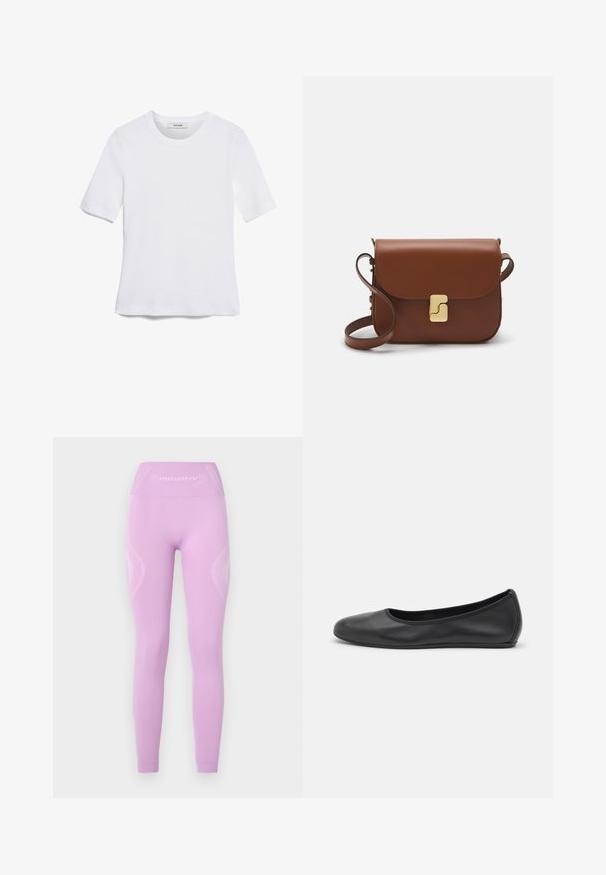 T-shirt blanc à manches courtes en tissu côtelé. Col rond, coupe régulière et détails de couture subtils. Aucune motif ni graphique.; Leggings lilas clairs avec une taille haute, des panneaux latéraux texturés et un détail de logo discret sur le devant, fabriqués en tissu extensible.; Ballerines en cuir noir avec un bout rond, texture lisse, détails de couture minimalistes et design de semelle flexible.; Sac à main en cuir marron avec une fermeture à rabat, des accents en métal doré, une bandoulière et une texture lisse. Forme rectangulaire compacte.