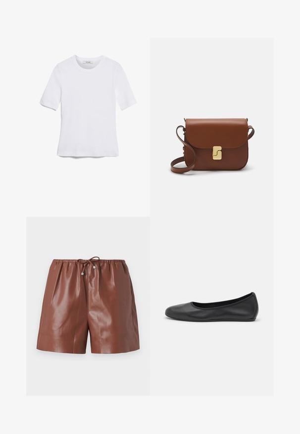 Balta trumpa rankovėmis marškinėliai, pagaminti iš pasiruošusio audinio. Apvali iškirptė, reguliari tinkamumas ir subtilūs siuvimo detalės. Be raštų ar grafikos.; Rudos odinės šortai su blizgiu paviršiumi, turintys elastingą juosmenį ir reguliuojamą raištį su metaliniais akcentais. Lygi tekstūra ir pritaikytas dizainas.; Juodai odiniai baletai su apvaliu pirštu, lygi texture, minimalus siuvimo detales ir lanksčiu padų dizainu.; Ruda odinė rankinė su uždaromu dangteliu, aukso spalvos detalėmis, petneša ir lygiu paviršiumi. Kompaktiška stačiakampio formos.