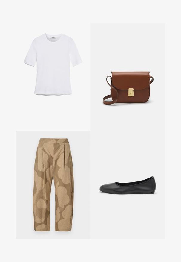 Witte korte mouwen t-shirt van ribstof. Ronde halslijn, normale pasvorm en subtiele stiksels. Geen patronen of grafische elementen.; Beige broek met een groot bloemmotief in lichtere tinten. Heeft een hoge taille, plooien en een ontspannen pasvorm. Gemaakt van lichtgewicht stof.; Zwarte leren ballerina met een ronde neus, gladde textuur, minimale stikdetails en een flexibele zoolontwerp.; Bruine leren handtas met een klep sluiting, gouden hardware, een schouderband en een gladde textuur. Compact rechthoekige vorm.