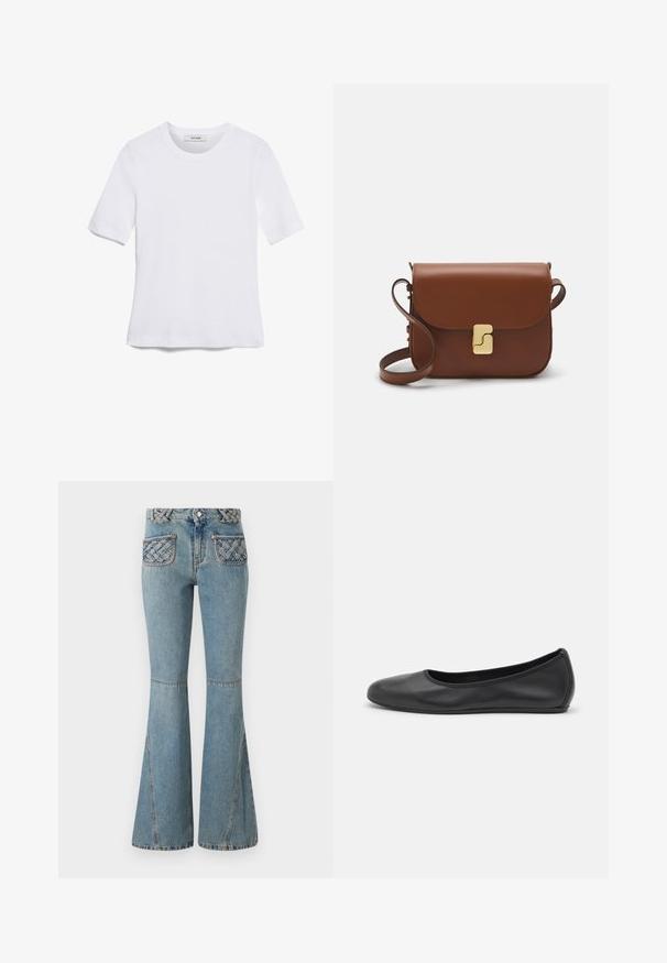 Bijela majica s kratkim rukavima izrađena od rebraste tkanine. Okrugli izrez, klasičan kroj i suptilni detalji šivanja. Bez uzoraka ili grafika.; Svijetlo plave trapezice od denima s pletenim remenom i preklopnim džepnim detaljima. Imaju struk koji se dobro uklapa i široke nogavice.; Crne kožne baletanke s zaobljenim vrhom, glatke teksture, minimalnim detaljima šavova i fleksibilnim dizajnom potplata.; Smeđa kožna torba s preklopom, zlatnim detaljima, remenom za nošenje preko ramena i glatkom teksturom. Kompaktni pravokutni oblik.