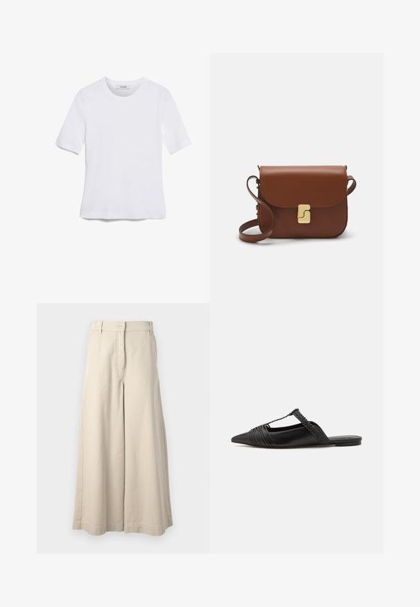 Balta trumpa rankovėmis marškinėliai, pagaminti iš pasiruošusio audinio. Apvali iškirptė, reguliari tinkamumas ir subtilūs siuvimo detalės. Be raštų ar grafikos.; Bežinės plačios šlaunies kelnės su mygtukų uždarymu ir priekinėmis kišenėmis. Pagamintos iš minkštos medvilnės, su pritaikytu liemeniu ir tvarkingais apdailos elementais.; Juodos odinės slingback bateliai su smailiu pirštu, turintys audinį akcentą ir raukšlėtą viršutinį dizainą. Lygus padas su minimaliais aksesuarais.; Ruda odinė rankinė su uždaromu dangteliu, aukso spalvos detalėmis, petneša ir lygiu paviršiumi. Kompaktiška stačiakampio formos.