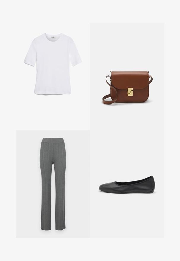 Fehér, rövid ujjú póló ribbed anyagból. Kerek nyakkivágás, normál szabás és diszkrét varrási részletek. Nincsenek minták vagy grafikák.; Szürke, bordás anyagú, bővülő nadrág magas derékkal. Texturált kötött anyagból készült, az egész dizájnban függőleges csíkokkal.; Fekete bőr balettcipő lekerekített orral, sima tekstúrával, minimális varrással és rugalmas talp kialakítással.; Barna bőr kézitáska, hajtókás zárással, arany színű fém kiegészítőkkel, vállpánttal és sima felülettel. Kompakt téglalap alakú.