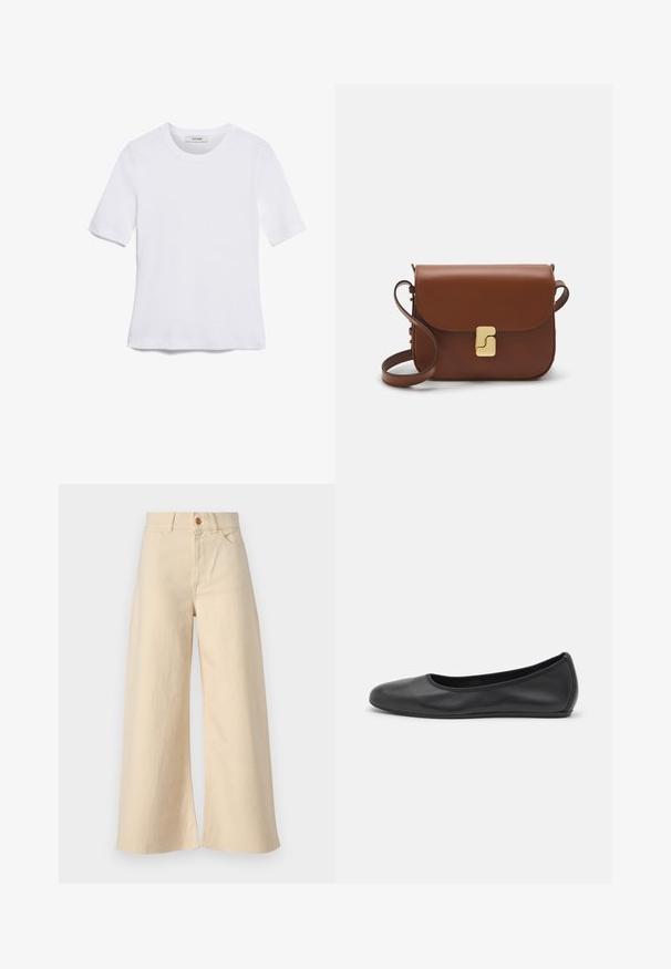 Bílá tričko s krátkým rukávem vyrobené z žebrované tkaniny. Kulatý výstřih, normální střih a jemné detaily šití. Bez vzorů nebo grafik.; Beige volné džíny vyrobené z denimu, s vysokým pasem, předními kapsami, zapínáním na knoflík a třásněmi na lemech.; Černé kožené baletní byty s kulatou špičkou, hladkou texturou, minimálními švy a flexibilním designem podrážky.; Hnědá kožená kabelka s klopou, zlatými kovovými detaily, ramenním popruhem a hladkým povrchem. Kompaktní obdélníkový tvar.