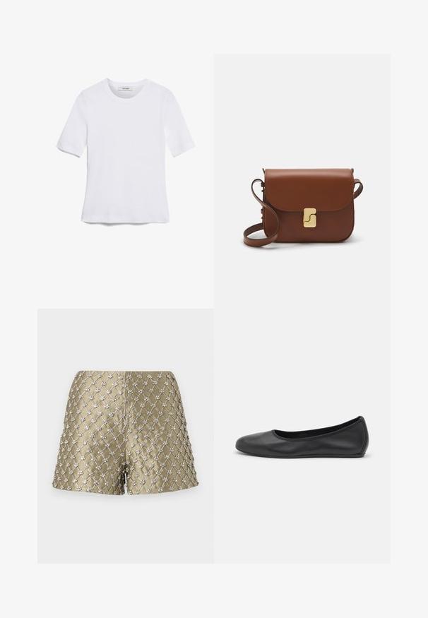 Bijela majica s kratkim rukavima izrađena od rebraste tkanine. Okrugli izrez, klasičan kroj i suptilni detalji šivanja. Bez uzoraka ili grafika.; Metalne zlatne kratke hlače s tkanim dizajnom i srebrnim cvjetnim ukrasima, što stvara teksturirani i dekorativni izgled.; Crne kožne baletanke s zaobljenim vrhom, glatke teksture, minimalnim detaljima šavova i fleksibilnim dizajnom potplata.; Smeđa kožna torba s preklopom, zlatnim detaljima, remenom za nošenje preko ramena i glatkom teksturom. Kompaktni pravokutni oblik.