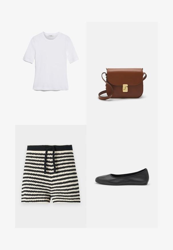T-shirt blanc à manches courtes en tissu côtelé. Col rond, coupe régulière et détails de couture subtils. Aucune motif ni graphique.; CLOSED Short - black; Ballerines en cuir noir avec un bout rond, texture lisse, détails de couture minimalistes et design de semelle flexible.; Sac à main en cuir marron avec une fermeture à rabat, des accents en métal doré, une bandoulière et une texture lisse. Forme rectangulaire compacte.