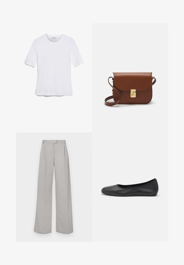 White short-sleeve t-shirt made of ribbed fabric. Round neckline, regular fit, and subtle stitching details. No patterns or graphics.; Light grey wide-leg trousers with vertical white pinstripes, featuring a front pleat and a flat waistband. Made from smooth fabric.; Black leather ballet flat with a rounded toe, smooth texture, minimal stitching detail, and a flexible sole design.; Brown leather handbag with a flap closure, gold-tone hardware, a shoulder strap, and a smooth texture. Compact rectangular shape.