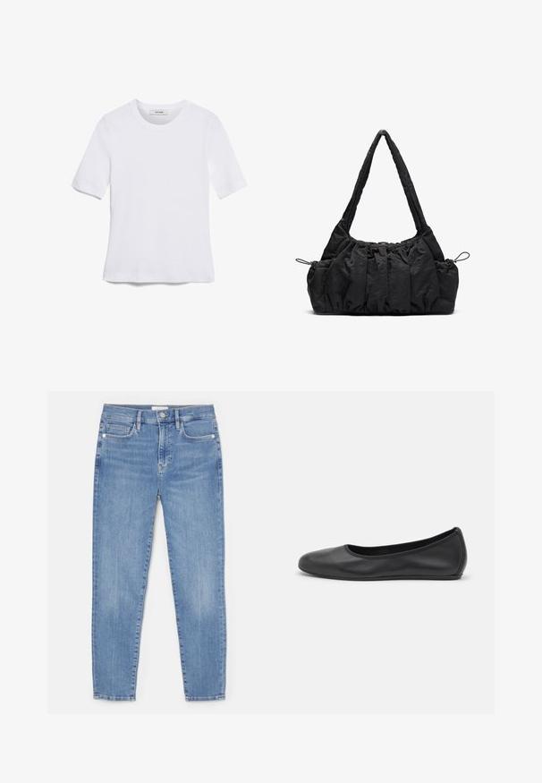 Hvit kortermet t-skjorte laget av ribbestrikket materiale. Rund hals, vanlig passform og subtile sømdetaljer. Ingen mønstre eller grafikk.; Lys blå denimjeans med en tettsittende design, fem lommer, frontknappelukking og synlig søm langs sømmene.; Svart skinnballettflatt med rund tå, glatt tekstur, minimal sømdetalj, og et fleksibelt såledesign.; Svart stoffhåndveske med rynket tekstur, to skulderstropper og snøring på sidene. Glatt, lett materiale.