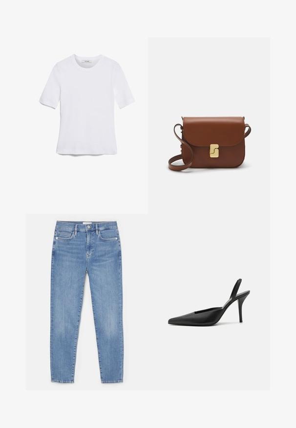 Balta īsām piedurknēm T-krekls, izgatavots no ribota auduma. Apaļš izgriezums, regulāra piegriezuma un diskrēti šuvumu detaļas. Bez printiem vai grafikām.; Gai zili džinsi ar pieguļošu dizainu, piecām kabatām, priekšējo pogu aizdari un pamanāmu šuvju izmantojumu.; Melna slingback kurpes ar augstiem papēžiem, ar smailu purngalu, izgatavotas no gludas ādas materiāla un ar elegantu, minimālistisku dizainu. Augsts stiletto papēdis.; Bordo ādas rokas soma ar atloku, zeltītām detaļām, plecu siksnu un gludu virsmu. Kompakta, taisnstūrveida forma.