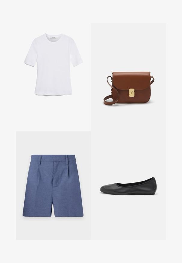 Valge lühikeste varrukatega T-särk ribatud kangast. Ümara kaelusega, tavalisest sobivusest ja peente õmbluse detailidega. Ilma mustrite või graafikateta.; Sinine kohandatud lühikesed püksid, millel on vöökohad, ees voldid ja peidetud eest kinnitamine, on kujutatud valge tausta taustal.; Musthave mustika tantsutossud mustast nahast, ümmarguse varbaga, siledast tekstuurist, minimaalse õmblusdetailiga ja paindliku tallakujundusega.; Pruunist nahast käekott, millel on klapiga sulgur, kuldne riistvara, õlarihm ja sile tekstuur. Kompaktne ristkülikukujuline vorm.