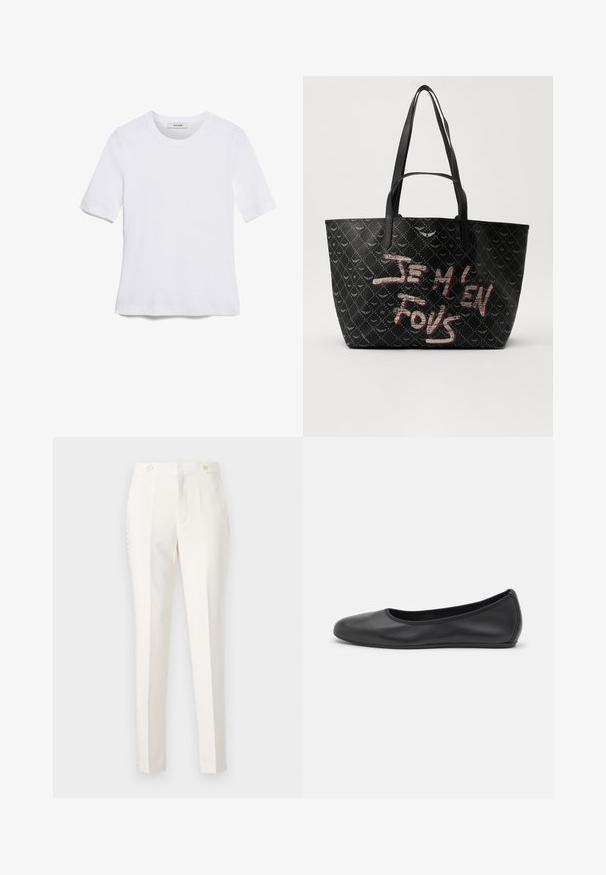 Tricou alb cu mânecă scurtă, confectionat dintr-un material texturat. Gât rotund, tăietură regulară și detalii subtile de cusătură. Fără modele sau grafice.; Pantaloni albi, ajustați, cu o croială slim, având două buzunare frontale, închidere cu două butoane și detalii laterale subtile. Textură netedă.; Balerini din piele neagră, cu vârf rotund, textură netedă, detalii de cusătură minimale și un design al tălpii flexibil.; Geantă de umăr neagră, din material texturat, cu un model în diamant, curele pentru umăr și texte îndrăznețe în roșu și alb care citeste „JE M'EN FOUS.”