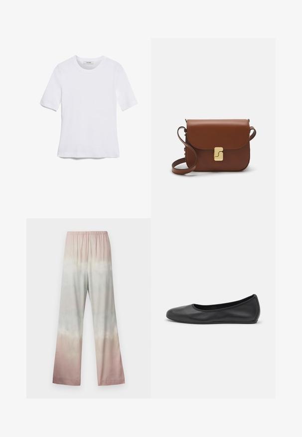 Biała koszulka krótki rękaw wykonana z materiału prążkowanego. Okrągły dekolt, regularny krój i subtelne detale szwów. Bez wzorów ani grafik.; Spodnie o szerokich nogawkach wykonane z lekkiego materiału, z gradientowym wzorem tie-dye w delikatnych pastelowych kolorach: różowym, miętowym i kremowym beżu. Elastyczny pas.; Czarne skórzane baletki z zaokrąglonym noskiem, gładką fakturą, minimalnymi przeszyciami i elastycznym designem podeszwy.; Brązowa skórzana torebka na ramię z klapką, złotymi detalami, paskiem na ramię i gładką teksturą. Kompaktowy prostokątny kształt.