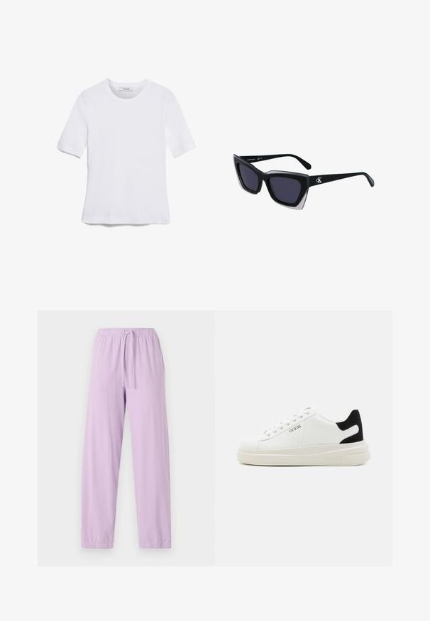 Biała koszulka krótki rękaw wykonana z materiału prążkowanego. Okrągły dekolt, regularny krój i subtelne detale szwów. Bez wzorów ani grafik.; Jasnofioletowe spodnie dresowe wykonane z miękkiego materiału, z elastycznym paskiem w talii i regulowanym sznurkiem; zwężany krój nogawek.; Białe skórzane sneakersy z grubą białą podeszwą, czarnym zamszowym akcentem na pięcie oraz wytłoczonym logotypem z boku. Projekt z sznurówkami i sześcioma dziurkami.; Czarne, oversize okulary przeciwsłoneczne o geometrycznym kształcie, z ciemnymi soczewkami i kontrastującym szarym detalem na oprawie. Logo na ramieniu.