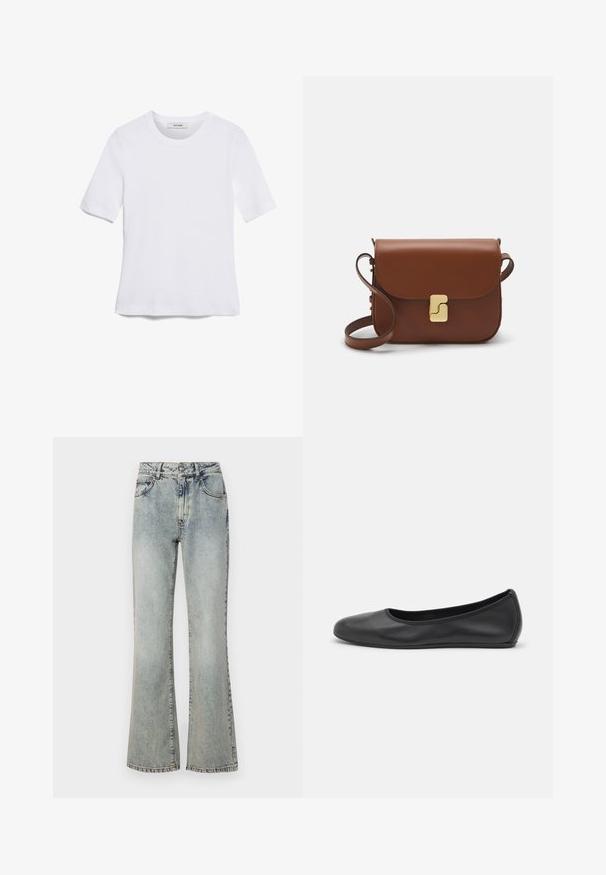 White short-sleeve t-shirt made of ribbed fabric. Round neckline, regular fit, and subtle stitching details. No patterns or graphics.; MAX&Co. FIACRE - Relaxed fit jeans - taubengrau; Black leather ballet flat with a rounded toe, smooth texture, minimal stitching detail, and a flexible sole design.; Brown leather handbag with a flap closure, gold-tone hardware, a shoulder strap, and a smooth texture. Compact rectangular shape.