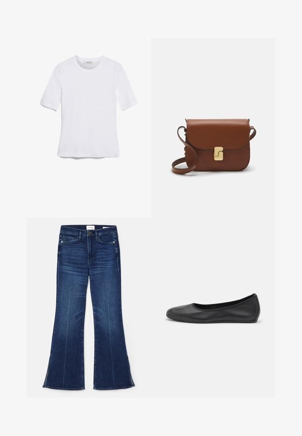 White short-sleeve t-shirt made of ribbed fabric. Round neckline, regular fit, and subtle stitching details. No patterns or graphics.; Dark blue flared jeans made from denim. Features a high waist, front pockets, and slit details at the hem. Classic five-pocket design.; Black leather ballet flat with a rounded toe, smooth texture, minimal stitching detail, and a flexible sole design.; Brown leather handbag with a flap closure, gold-tone hardware, a shoulder strap, and a smooth texture. Compact rectangular shape.
