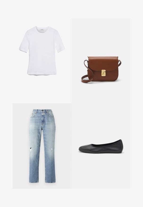 Bijela majica s kratkim rukavima izrađena od rebraste tkanine. Okrugli izrez, klasičan kroj i suptilni detalji šivanja. Bez uzoraka ili grafika.; Svijetloplave traperice s visokim strukom i ravnim nogavicama. Imaju detalje s oštećenjima na oba koljena i klasičan dizajn s pet džepova.; Crne kožne baletanke s zaobljenim vrhom, glatke teksture, minimalnim detaljima šavova i fleksibilnim dizajnom potplata.; Smeđa kožna torba s preklopom, zlatnim detaljima, remenom za nošenje preko ramena i glatkom teksturom. Kompaktni pravokutni oblik.