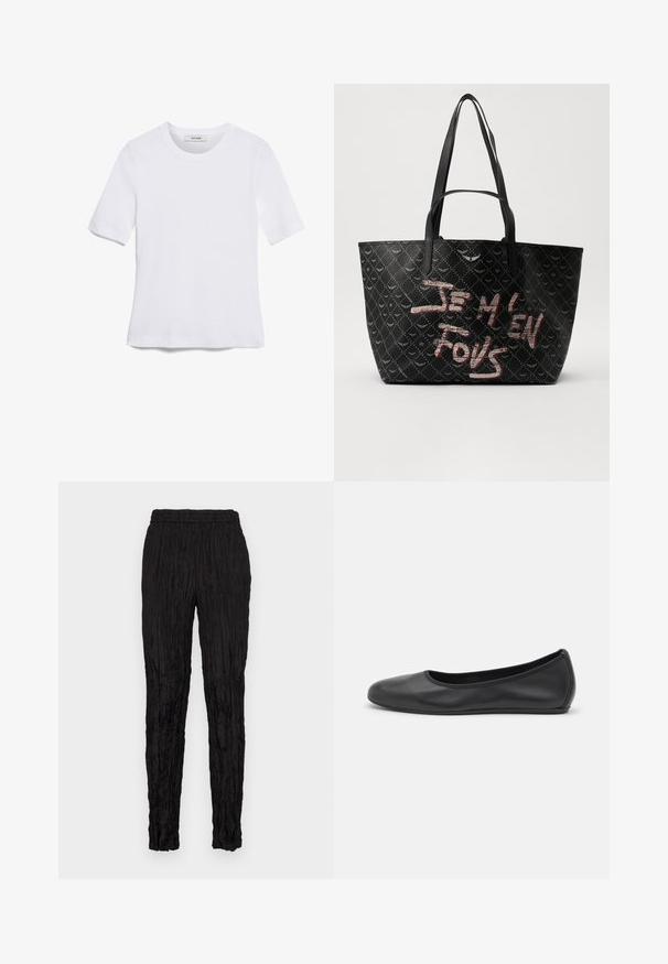 Weißes kurzärmliges T-Shirt aus geripptem Stoff. Runder Halsausschnitt, normale Passform und dezente Nähte. Keine Muster oder Grafiken.; Schwarze Hose mit einer zerknitterten Textur, elastischem Bund und schmal zulaufendem Bein. Keine sichtbaren Taschen oder auffälligen Akzente.; Schwarze Leder-Ballettschuhe mit abgerundeter Spitze, glatter Textur, minimalen Nähdetails und einem flexiblen Sohlen-Design.; Schwarze Tote-Bag aus strukturiertem Material mit Rautenmuster, Schulterriemen und auffälligem roten und weißen Text "JE M'EN FOUS."
