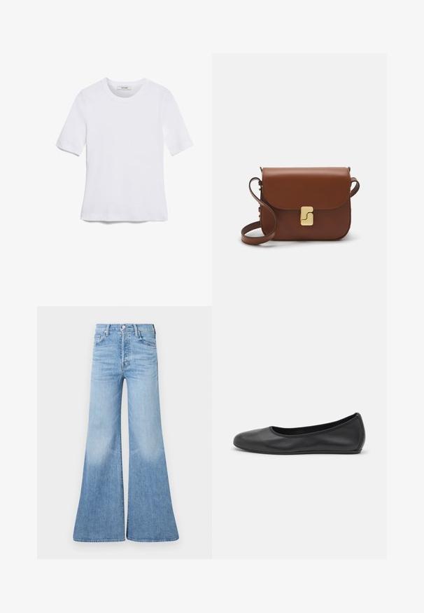 Bílá tričko s krátkým rukávem vyrobené z žebrované tkaniny. Kulatý výstřih, normální střih a jemné detaily šití. Bez vzorů nebo grafik.; Světle modré volné džíny vyrobené z denimu, s vysokým pasem, širokými nohavicemi a zesvětlenou texturou. Design s pěti kapsami a zapínáním na knoflík.; Černé kožené baletní byty s kulatou špičkou, hladkou texturou, minimálními švy a flexibilním designem podrážky.; Hnědá kožená kabelka s klopou, zlatými kovovými detaily, ramenním popruhem a hladkým povrchem. Kompaktní obdélníkový tvar.