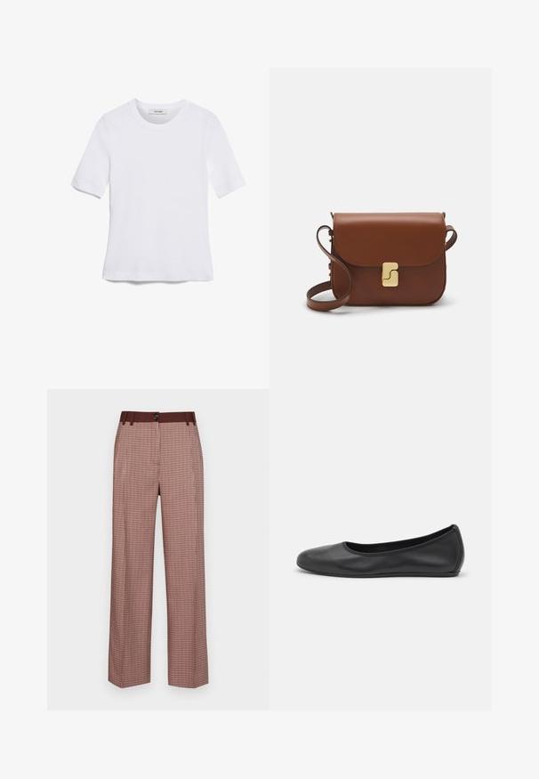 T-shirt blanc à manches courtes en tissu côtelé. Col rond, coupe régulière et détails de couture subtils. Aucune motif ni graphique.; Pantalons larges en motif pied-de-poule marron et crème, dotés d'une taille solide marron avec deux boutons à l'avant pour la fermeture.; Ballerines en cuir noir avec un bout rond, texture lisse, détails de couture minimalistes et design de semelle flexible.; Sac à main en cuir marron avec une fermeture à rabat, des accents en métal doré, une bandoulière et une texture lisse. Forme rectangulaire compacte.