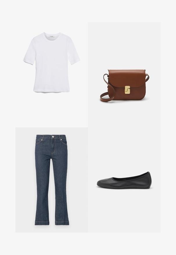 T-shirt de manga curta branca feita de tecido canelado. Decote redondo, ajuste regular e detalhes de costura subtis. Sem padrões ou gráficos.; Jeans de denim azul escuro com um design ajustado, fundo boca de sino, cinco bolsos e costura em contraste. Fecho frontal com botão e fecho de correr.; Bailarina preta em pele com bico arredondado, textura suave, detalhe de costura minimalista e design de sola flexível.; Bolsa de couro castanho com fecho de aba, decoração em tom dourado, alça de ombro e textura suave. Formato retangular compacto.