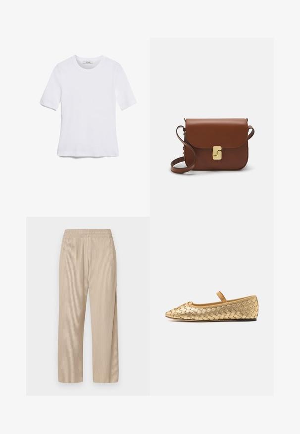 Άσπρο κοντομάνικο μπλουζάκι φτιαγμένο από ριγέ ύφασμα. Στρογγυλή λαιμόκοψη, κανονική εφαρμογή και διακριτές λεπτομέρειες ραφής. Χωρίς σχέδια ή γραφικά.; Max Mara Leisure ROLANDA - Παντελόνι - beige; Loeffler Randall LEONIE SOFT BALLET FLAT - Μπαλαρίνες με λουράκι στον αστράγαλο - gold; Καφέ δερμάτινη τσάντα χειρός με κλείσιμο καπάκι, χρυσές λεπτομέρειες, ιμάντα ώμου και λεία υφή. Συμπαγές ορθογώνιο σχήμα.