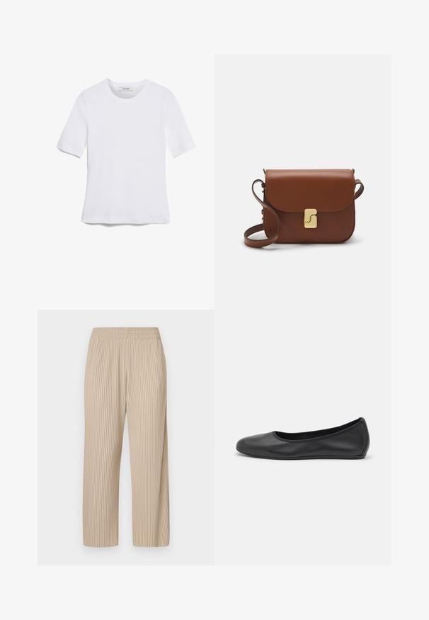 T-shirt de manga curta branca feita de tecido canelado. Decote redondo, ajuste regular e detalhes de costura subtis. Sem padrões ou gráficos.; Max Mara Leisure ROLANDA - Calças - beige; Bailarina preta em pele com bico arredondado, textura suave, detalhe de costura minimalista e design de sola flexível.; Bolsa de couro castanho com fecho de aba, decoração em tom dourado, alça de ombro e textura suave. Formato retangular compacto.