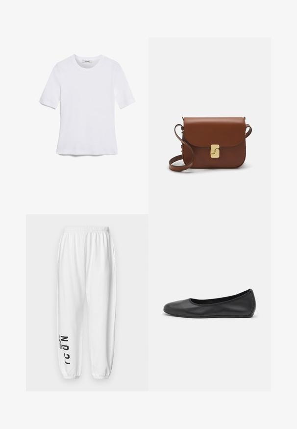 White short-sleeve t-shirt made of ribbed fabric. Round neckline, regular fit, and subtle stitching details. No patterns or graphics.; DSQUARED2 ICON ICON - Tracksuit bottoms - white; Black leather ballet flat with a rounded toe, smooth texture, minimal stitching detail, and a flexible sole design.; Brown leather handbag with a flap closure, gold-tone hardware, a shoulder strap, and a smooth texture. Compact rectangular shape.