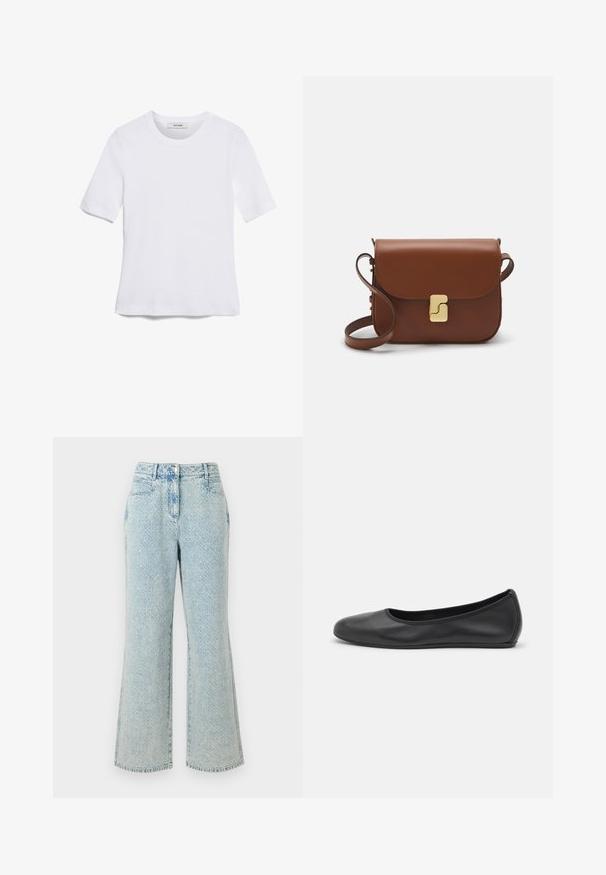 Άσπρο κοντομάνικο μπλουζάκι φτιαγμένο από ριγέ ύφασμα. Στρογγυλή λαιμόκοψη, κανονική εφαρμογή και διακριτές λεπτομέρειες ραφής. Χωρίς σχέδια ή γραφικά.; Ελαφρώς μπλε τζιν παντελόνι με καμπάνα και ξεθωριασμένο φινίρισμα, διαθέτει κούμπωμα με κουμπί και φερμουάρ, καθώς και μπροστινές τσέπες.; Μαύρο δερμάτινο μπαλαρίνι με στρογγυλή μύτη, λεία υφή, ελάχιστες λεπτομέρειες ραφής και σχεδίαση ευέλικτης σόλας.; Καφέ δερμάτινη τσάντα χειρός με κλείσιμο καπάκι, χρυσές λεπτομέρειες, ιμάντα ώμου και λεία υφή. Συμπαγές ορθογώνιο σχήμα.