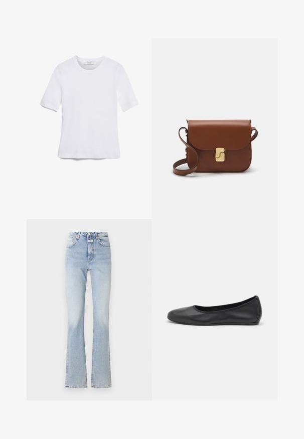 Balta īsām piedurknēm T-krekls, izgatavots no ribota auduma. Apaļš izgriezums, regulāra piegriezuma un diskrēti šuvumu detaļas. Bez printiem vai grafikām.; Gaiši zili džinsi ar augstu jostu, plati gali un smalku izbalējušu tekstūru. Satur pogu un rāvējslēdzēju, kā arī piecus kabatas.; Melna ādas baleta kurpe ar noapaļotu purngalu, gludu tekstūru, minimālu šuvju detalizāciju un elastīgu zoles dizainu.; Bordo ādas rokas soma ar atloku, zeltītām detaļām, plecu siksnu un gludu virsmu. Kompakta, taisnstūrveida forma.