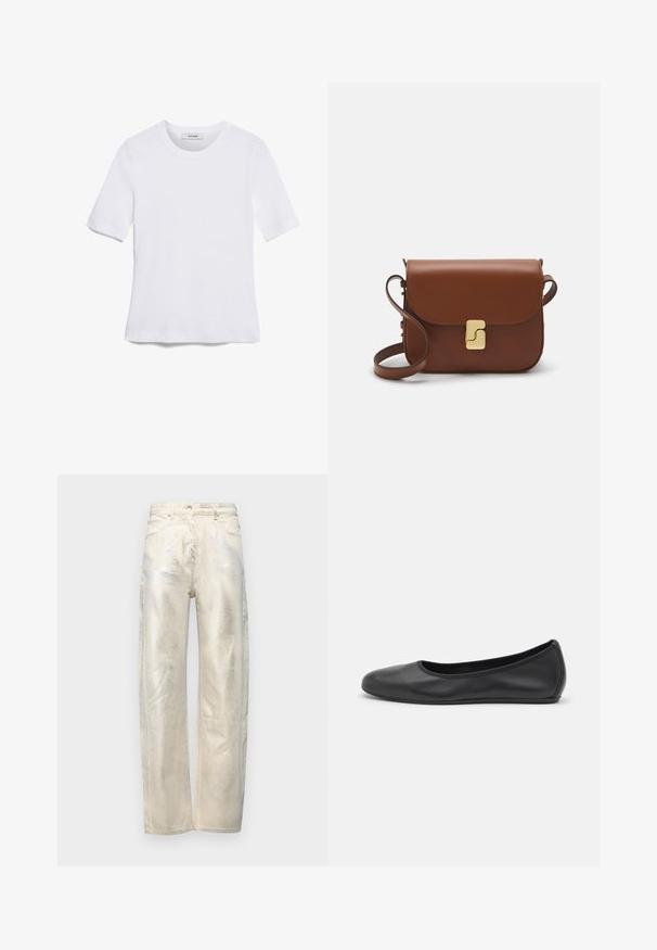 T-shirt blanc à manches courtes en tissu côtelé. Col rond, coupe régulière et détails de couture subtils. Aucune motif ni graphique.; Jean large beige clair avec une finition métallisée, fabriqué en denim avec une texture lisse et un design standard à cinq poches.; Ballerines en cuir noir avec un bout rond, texture lisse, détails de couture minimalistes et design de semelle flexible.; Sac à main en cuir marron avec une fermeture à rabat, des accents en métal doré, une bandoulière et une texture lisse. Forme rectangulaire compacte.