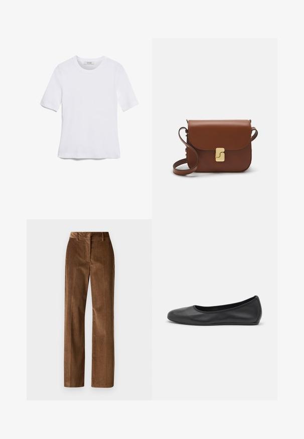 T-shirt bianca a maniche corte realizzata in tessuto a costine. Collo rotondo, vestibilità regolare e dettagli di cucitura sottili. Senza motivi o grafiche.; WEEKEND MaxMara TANIA - Pantaloni - nocciola; Pantofole da balletto nere in pelle con punta arrotondata, texture liscia, dettagli di cucitura minimi e design con suola flessibile.; Borsa a tracolla in pelle marrone con chiusura a pattina, hardware color oro, tracolla e una finitura liscia. Forma rettangolare compatta.