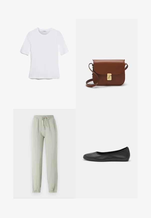 Biela krátka tričko s krátkymi rukávmi vyrobené z rebrovanej látky. Klasický okrúhly výstrih, bežný strih a jemné švy. Bez vzorov alebo grafiky.; Svetlozelené tepláky s elastickým pásom, nastaviteľnou šnúrkou a zúženými manžetami. Obsahujú vertikálne švy pozdĺž prednej časti.; Čierne kožené baleríny s okrúhlou špičkou, hladkým povrchom, minimálnym prešívaním a flexibilným dizajnom podrážky.; Hnedá kožená kabelka s klopou, zlatými kovovými prvkami, ramenným popruhom a hladkým povrchom. Kompaktný obdĺžnikový tvar.
