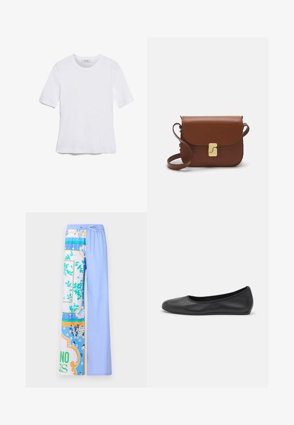 T-shirt de manga curta branca feita de tecido canelado. Decote redondo, ajuste regular e detalhes de costura subtis. Sem padrões ou gráficos.; Calças largas com um design misto: um lado apresenta padrões florais em azul, verde e amarelo, enquanto o outro é de tecido listrado azul claro.; Bailarina preta em pele com bico arredondado, textura suave, detalhe de costura minimalista e design de sola flexível.; Bolsa de couro castanho com fecho de aba, decoração em tom dourado, alça de ombro e textura suave. Formato retangular compacto.