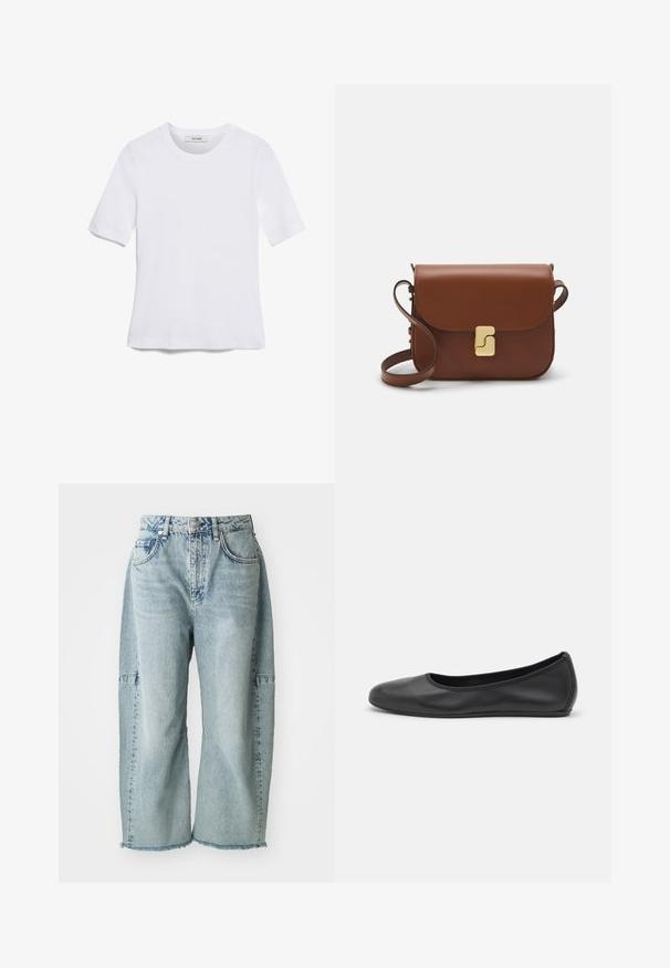 White short-sleeve t-shirt made of ribbed fabric. Round neckline, regular fit, and subtle stitching details. No patterns or graphics.; Light blue denim jeans feature a wide-leg design, frayed hems, and patchwork accents. Made from soft, textured cotton material.; Black leather ballet flat with a rounded toe, smooth texture, minimal stitching detail, and a flexible sole design.; Brown leather handbag with a flap closure, gold-tone hardware, a shoulder strap, and a smooth texture. Compact rectangular shape.