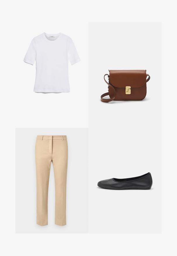 Bela kratka majica s kratkimi rokavi iz rebrastega materiala. Okrogla ovratnica, običajen kroj in subtilni šivi. Brez vzorcev ali grafik.; Beige krojene hlače z ravnim sprednjim delom, zankami za pas in gladko teksturo. Oblika z ravnimi nogavicami z minimalnimi šivi.; Črne usnjene balerinke z zaobljenim nosom, gladko teksturo, minimalnimi šivi in fleksibilno zasnovo podplata.; Rjava usnjena torbica s poklopcem, zlato obarvani okovi, naramnica in gladka tekstura. Kompaktna pravokotna oblika.